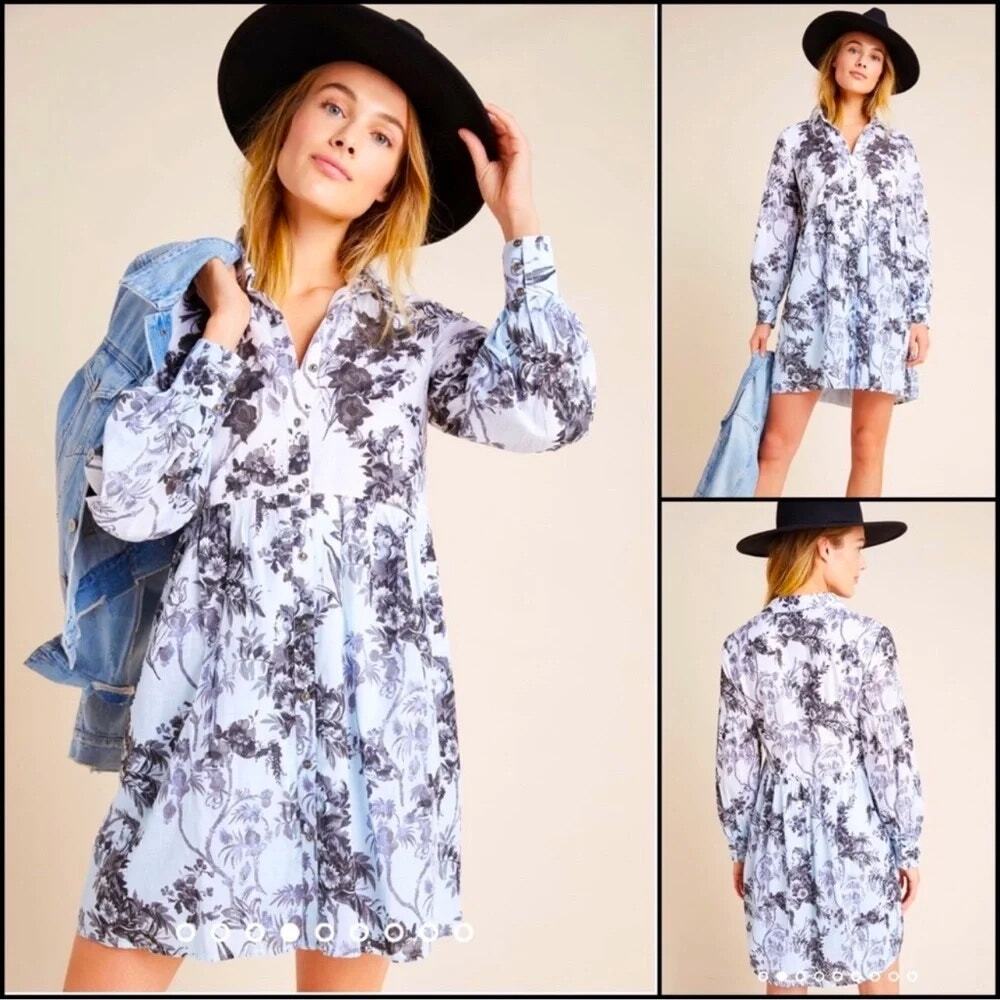 NWT By Anthropologie Lavina Embroidered Floral Cottagecore Shirt Dress SZ 12